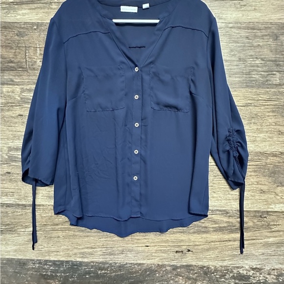 New York & Company Blue Button Down Blouse with 3/4 Sleeves - Picture 1 of 7